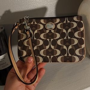 COACH Mini Wristlet TriColor Brown, Tan, Cream Canvas Coin Pouch Wristlet